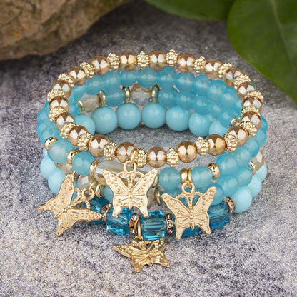 Conjunto de Pulseiras Femininas Boho com 4 Peças, Borboleta, Cristais e Miçangas, Joias da Moda, Presente para Festas