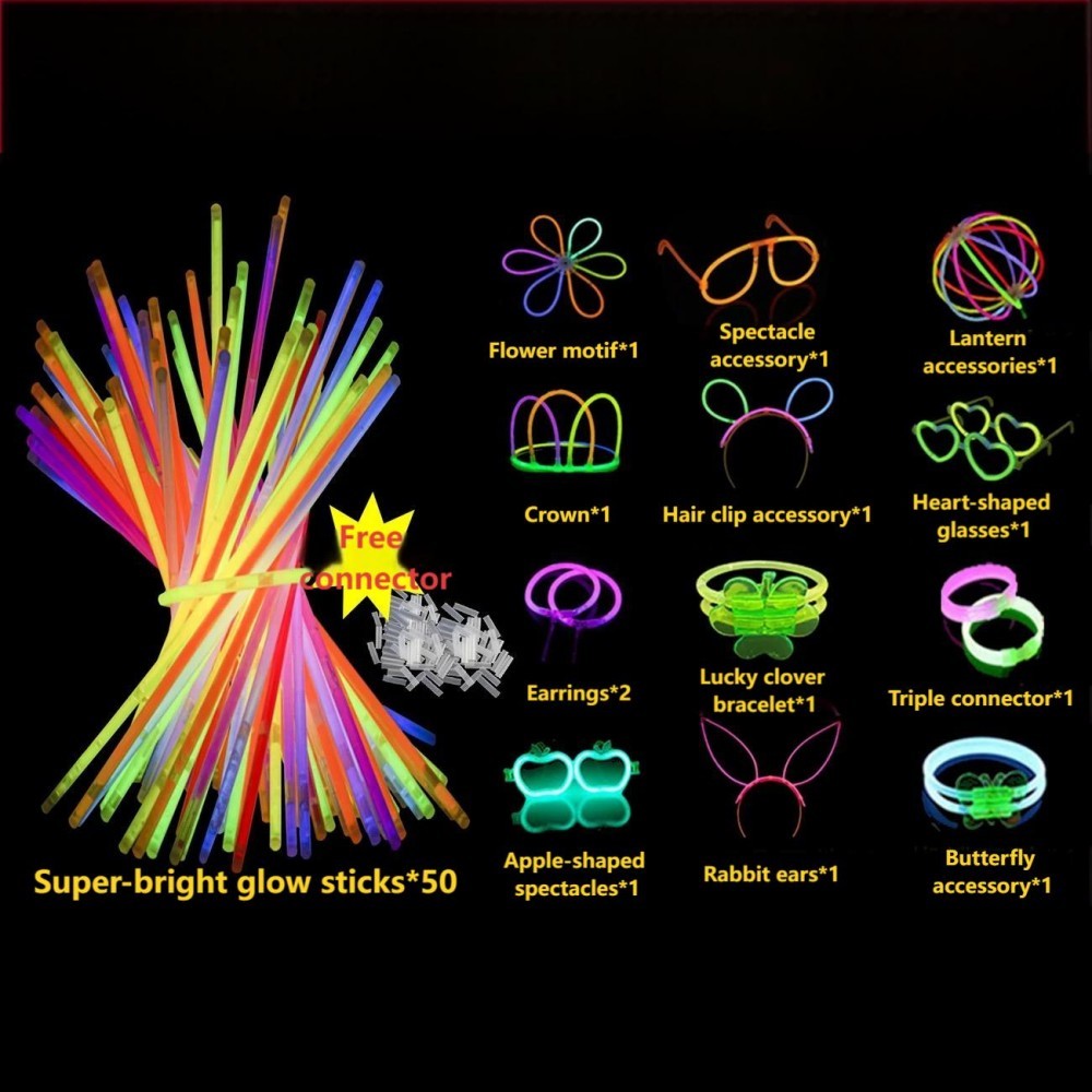 50/100PCS Glow Stick Set with 17 Accessories DIY Perfect for Vibrant Party Supplies for Concert Halloween Festivals Events? Part