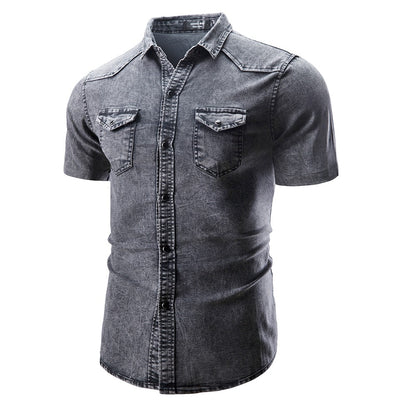 New Men's Fashion Short Sleeve Denim Shirt Soft Solid Color Slim Fit Cowboy Top for Men