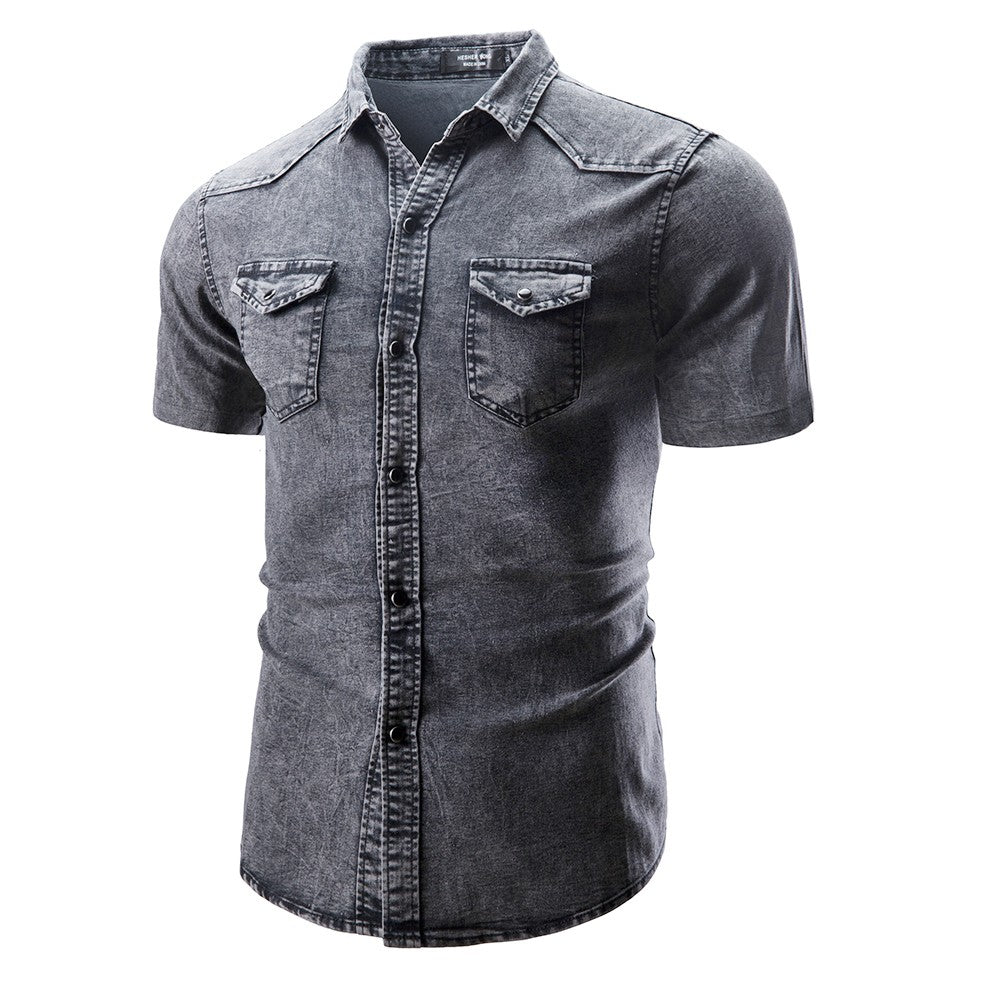 New Men's Fashion Short Sleeve Denim Shirt Soft Solid Color Slim Fit Cowboy Top for Men