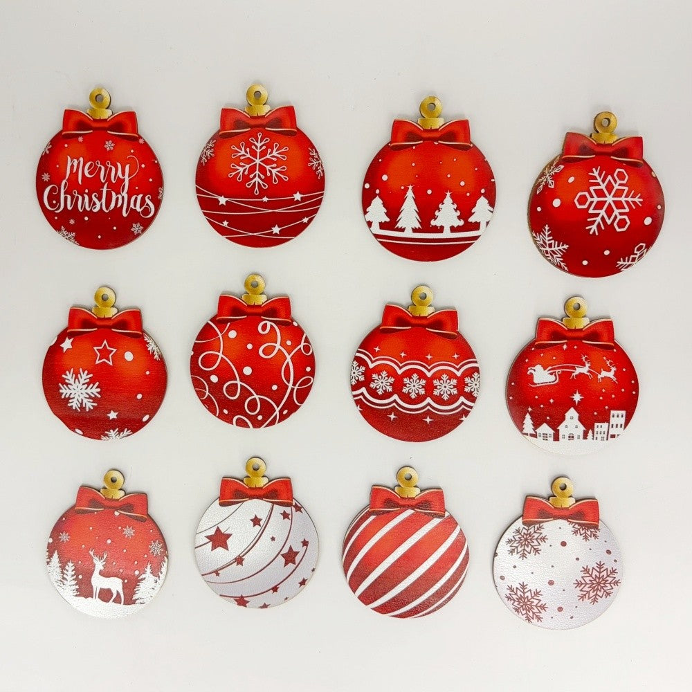 12pcs/set Red and White Wooden Christmas Ball Ornament, Elk Snowflake Pattern Christmas Party Hanging Decoration Supplies Winter