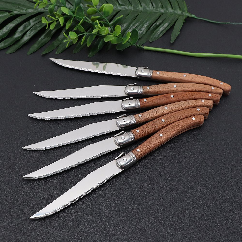 Wood Handle Laguiole Steak Knives Set Sharp Serrated Blade Dinner Knife Cutlery Stainless Steel Table Knives Kitchen 6/8/12pcs