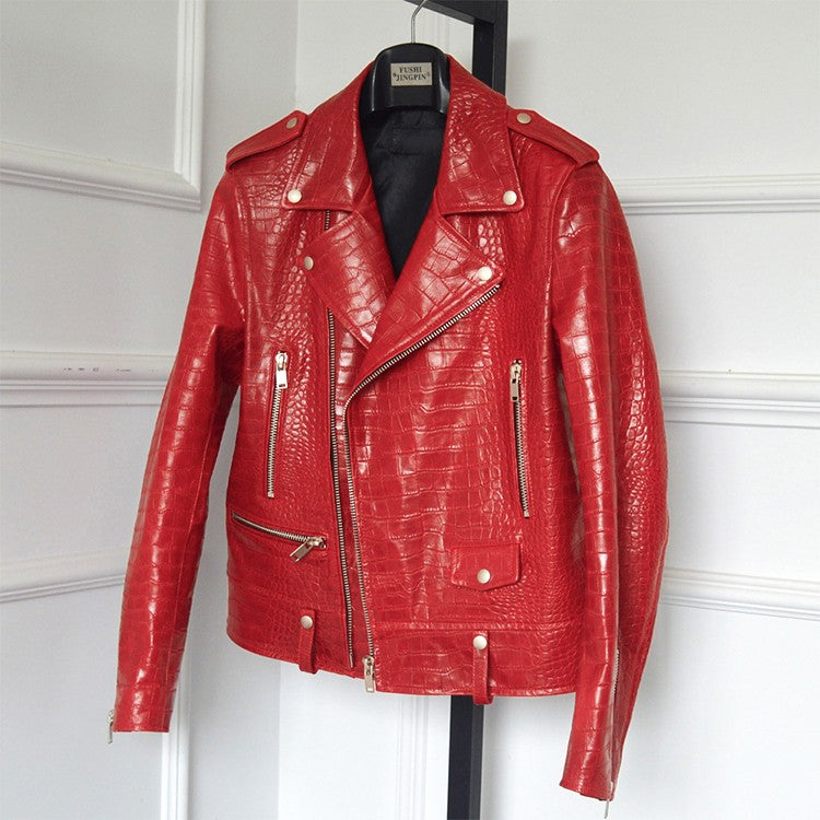Mauroicardi Spring Red Crocodile Pattern Faux Leather Biker Jacket Long Sleeve Zipper Plus Size Designer Men Clothing 4xl 5xl