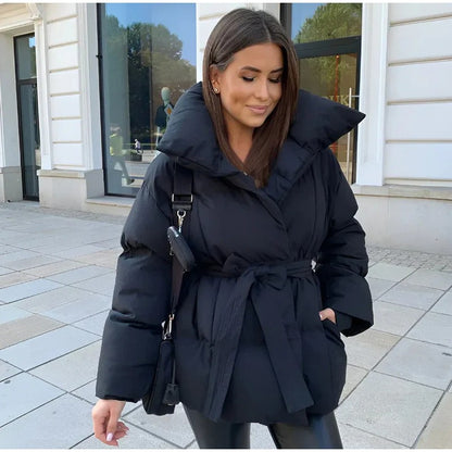 Solid Lapel Lace Up Cotton Coat Women Fashion Long Sleeve Warm Loose Pocket Short Coats Lady New Winter Commute Street Outwears