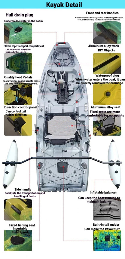 Caiaque Modular de 2 Lugares, Canoa HDPE Elétrica/a Pedal com Assentos de Alumínio, Barco de Pesca Portátil para Recreação em Lagos e no Mar