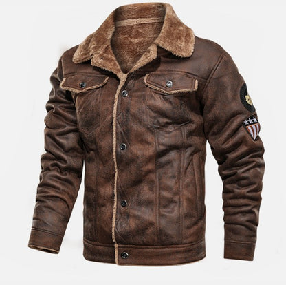 Autumn Winter Coat Men Jacket Vintage Solid Turn-Down Collar Outdoor Training Suede Zip Pocket Lamb Fleece Collar Warm Jacket