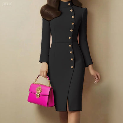 Elegant Commuter Dresses For Women Autumn Fashion White Black Stand-up Collar Slim Metal Buckle Long Sleeve Split Casual Dress