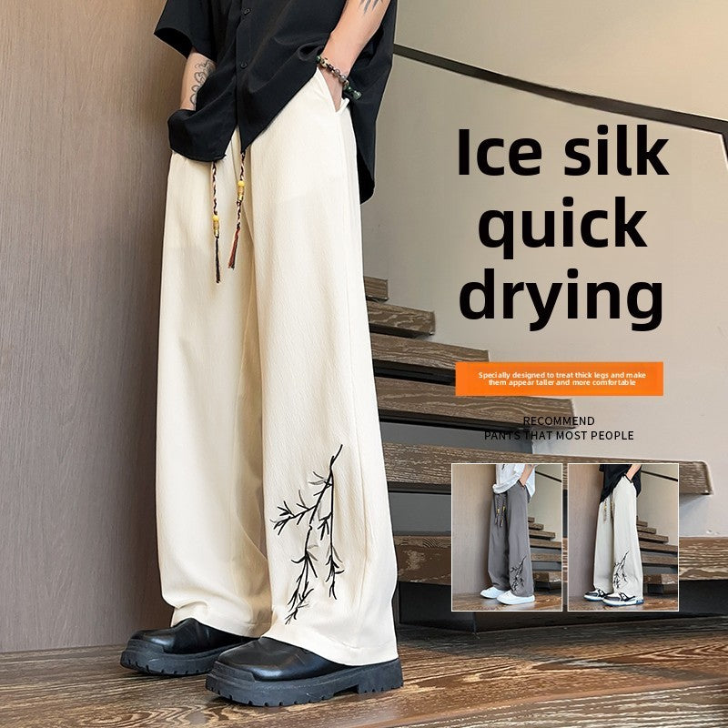 Novas Calças de Seda Gelo Chinesas Masculinas Verão Fina Solta Perna Larga Marca de Moda Seda Gelo Estilo Chinês Calças Casuais Bordadas Frescas