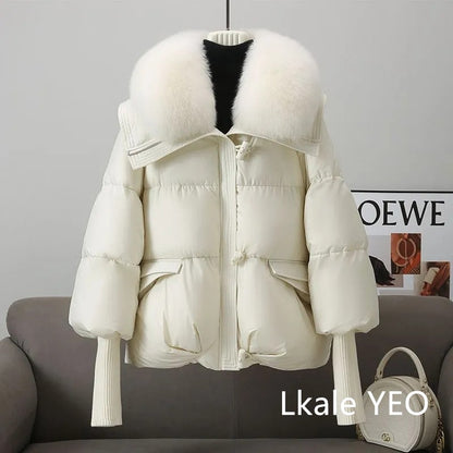 Women's Winter Parka Coat 2025 Casual Korean Version Lady Outerwear Temperament Thicken Big Fur Collar Ladies Down Cotton Jacket