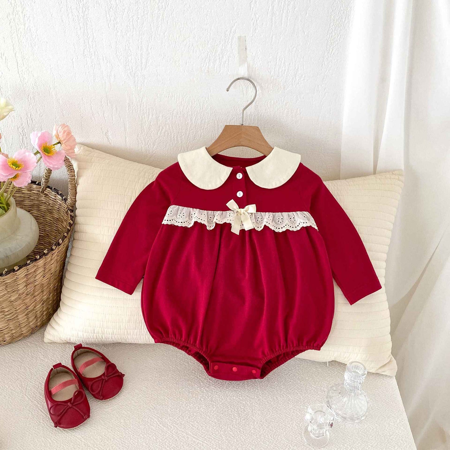 Newborn Christmas Red Clothes Autumn Kids Baby Girls Sweet Petal Collar Princess Rompers Infant New Baby Girls Rompers Clothes