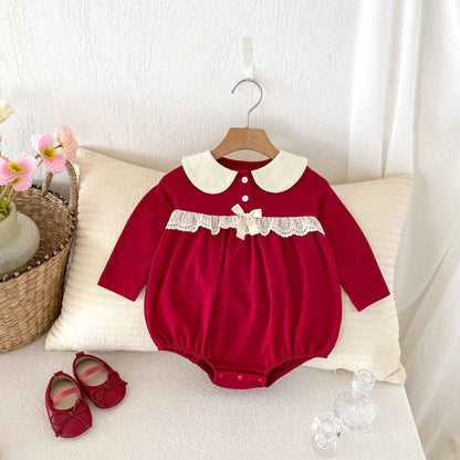 Newborn Christmas Red Clothes Autumn Kids Baby Girls Sweet Petal Collar Princess Rompers Infant New Baby Girls Rompers Clothes