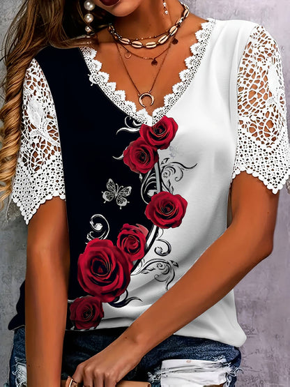New Boho Flower Blouses Womens Fashion Shirt V-Neck Short Sleeve Flower Print Shirt Tops Casual Loose Ladies Floral Lace