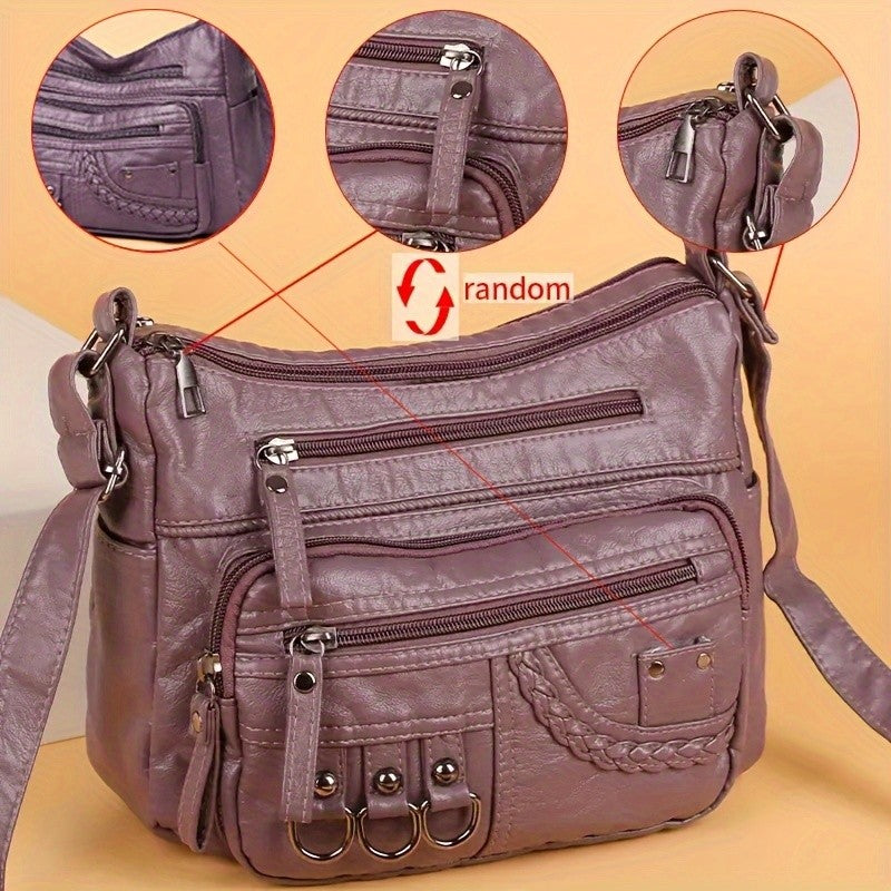 Vintage PU Crossbody Bag, Retro Multi Layer Shoulder Bag, Women's Fashion Handbag & Purse, Female Work Travel Messenger Bag