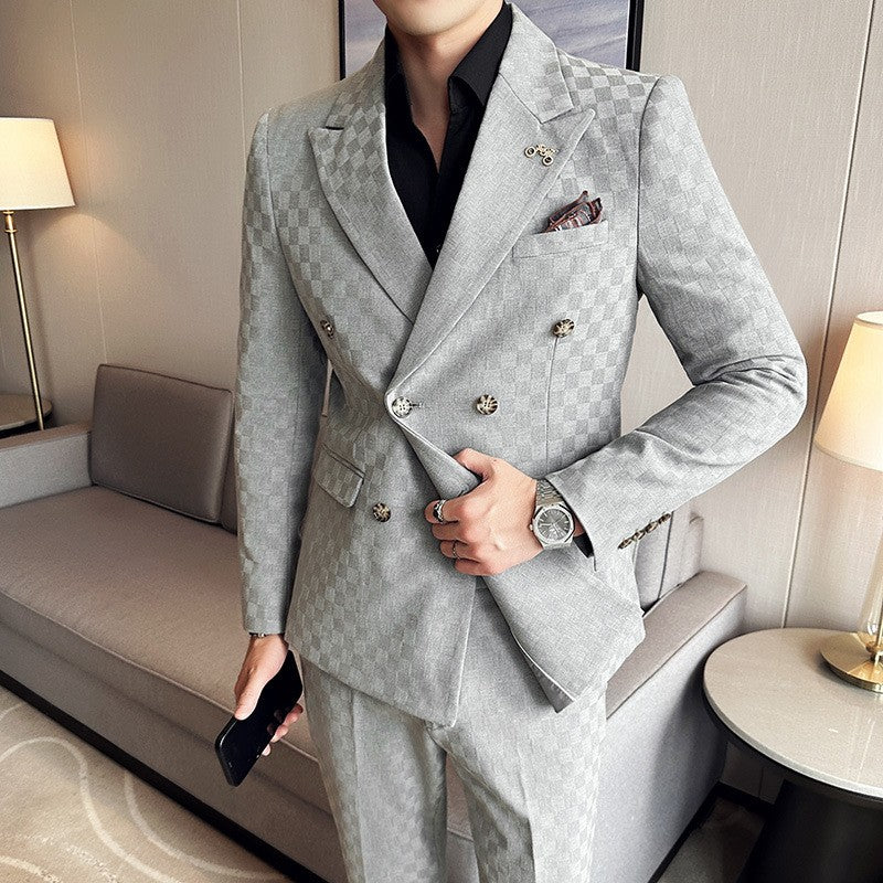 (Jacket+Pants)Luxury Checkered Double Breasted Suit  2 Pieces Fashion Business Slim Fit Social   Formal Suit Evening Dress 5XL-M