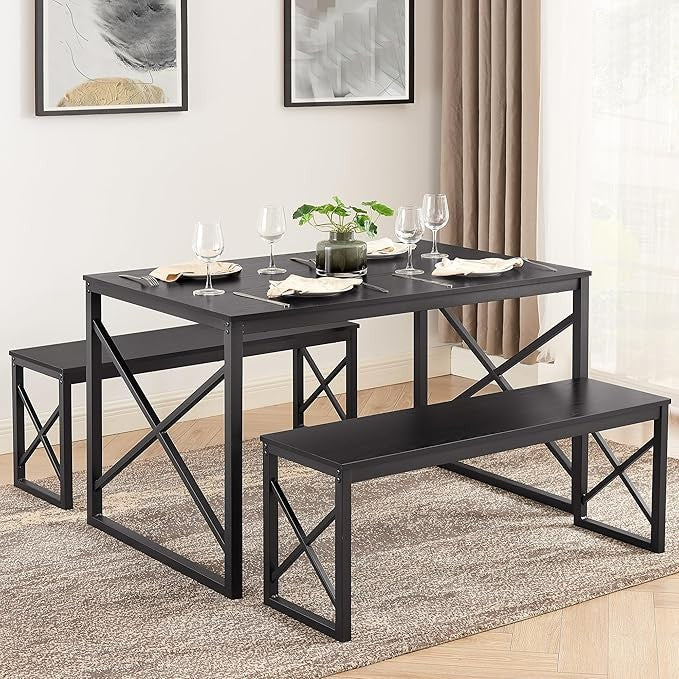 Wooden Kitchen Table Set with Metal Frame and 2 Benches for 4 People, Dining Set for Breakfast Nook and Small Spaces