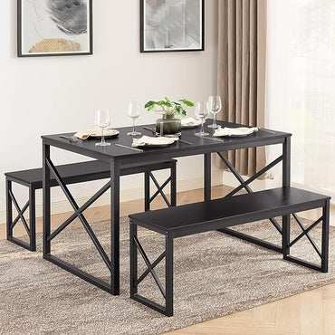 Wooden Kitchen Table Set with Metal Frame and 2 Benches for 4 People, Dining Set for Breakfast Nook and Small Spaces
