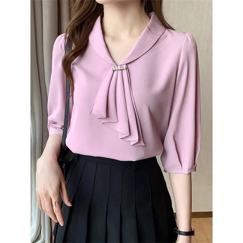 Women Summer Style Blouses Shirts Lady Office Wear OL Short Sleeve Bow Tie Collar Pink Blusas Tops