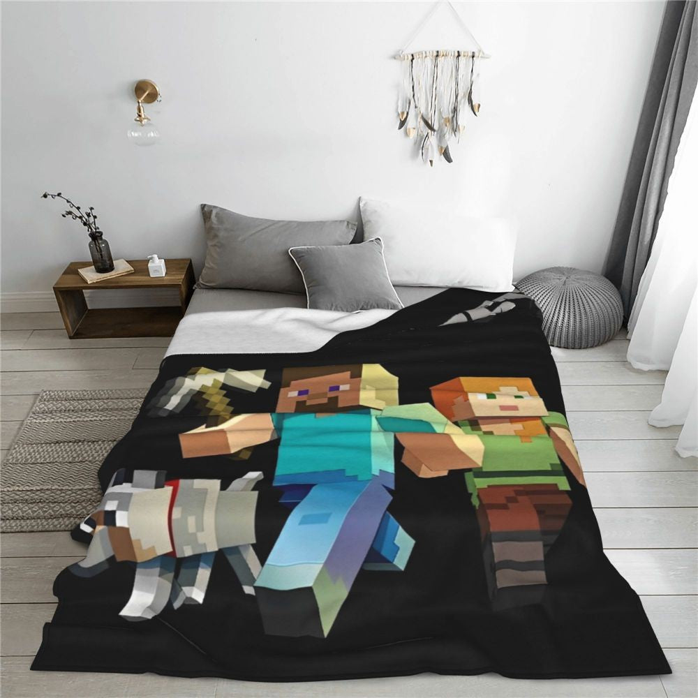 Cartoon Mines Pixel Game Crafts Flannel Blanket Super Warm Throw Blanket for Home Decor Decorative Street Trend Bedspread