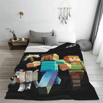 Cartoon Mines Pixel Game Crafts Flannel Blanket Super Warm Throw Blanket for Home Decor Decorative Street Trend Bedspread