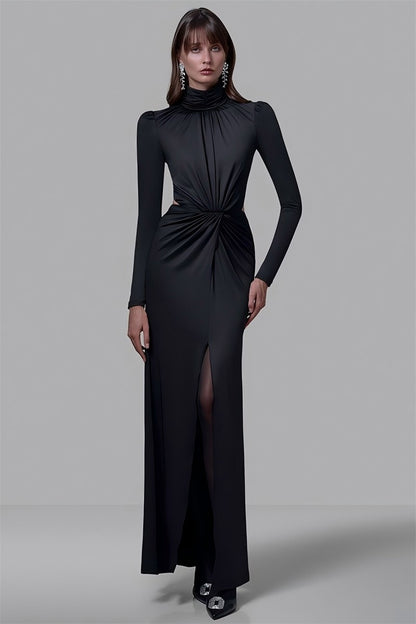 Mozision Turtleneck Backless Sexy Maxi Dress Women Gown Autumn Winter Elegant Long Sleeve Thigh High Split Club Party Long Dress
