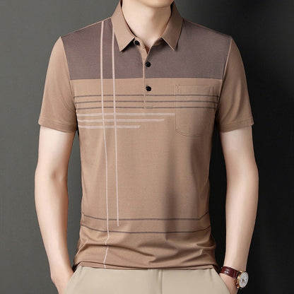 Summer New Men's Color Blocking Polo Shirt Pocket Button Up T-shirt Casual Slim Fit Comfortable Short Sleeved Breathable Top