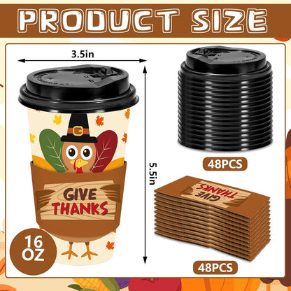 48 Set Fall Thanksgiving Disposable Coffee Cups with Lids and Sleeves Turkey Maple Paper Cups Give Thanks Drinking Cups