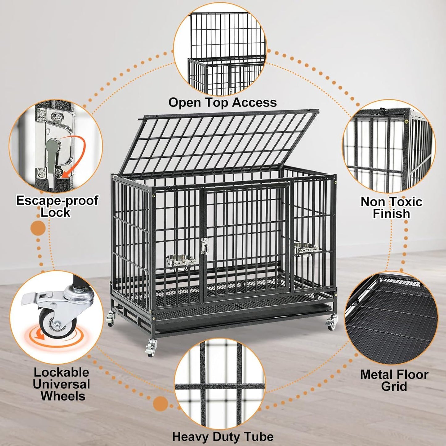Caixa para Cães Dobrável de 37" para Serviço Pesado, Canil à Prova de Fuga com Rodas Traváveis, Bandeja Removível e Grade de Metal para Cães de Porte Médio/Pequeno