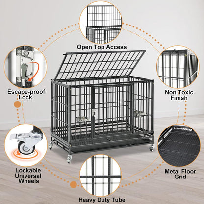 Caixa para Cães Dobrável de 37" para Serviço Pesado, Canil à Prova de Fuga com Rodas Traváveis, Bandeja Removível e Grade de Metal para Cães de Porte Médio/Pequeno