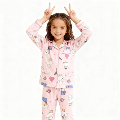 Children's Full Sleeve Button Down 2piece Kuromi Girls Pajamas Sets Boys Cinnamorolls Pyjamas Suits Kids Loungewear Homewear