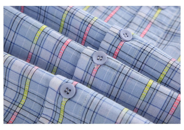 Ice Blue Plaid Long Sleeve Shirt Unisex Premium Cleanfit Denim Fabric V-neck Open Cardigan Style Holiday Vibes Short Length