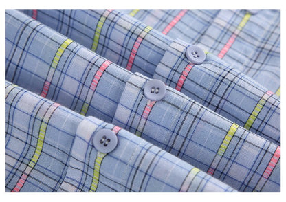 Ice Blue Plaid Long Sleeve Shirt Unisex Premium Cleanfit Denim Fabric V-neck Open Cardigan Style Holiday Vibes Short Length