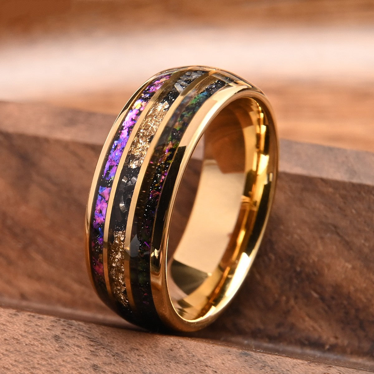 Anel de tungstênio com meteorito 8MM anéis aliança de compromisso moda joias masculina alianças de casamento anéis de noivado de ametista presente