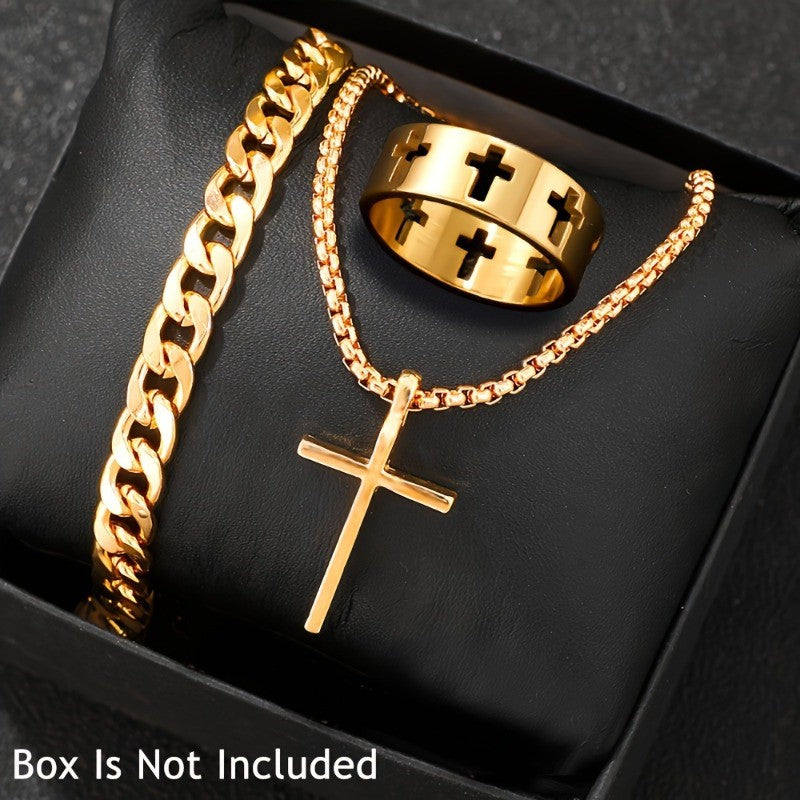 Conjunto de Joias de Aço Inoxidável 3 Peças para Homens Colar com Pingente de Cruz Corrente Pulseira Anel Conjunto Acessórios de Design Personalizado Presentes