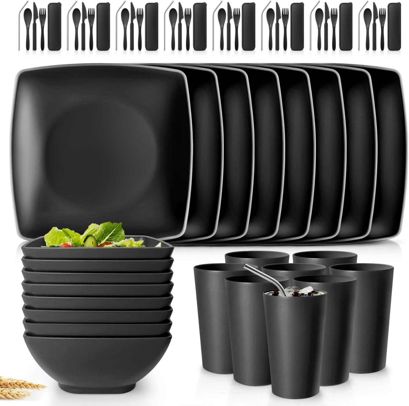 56-piece With Flatware Kitchen Plastic Wheat Straw Square Dinnerware Set for 8, Unbreakable Dinner Plates, Snack Bowls, Tumblers