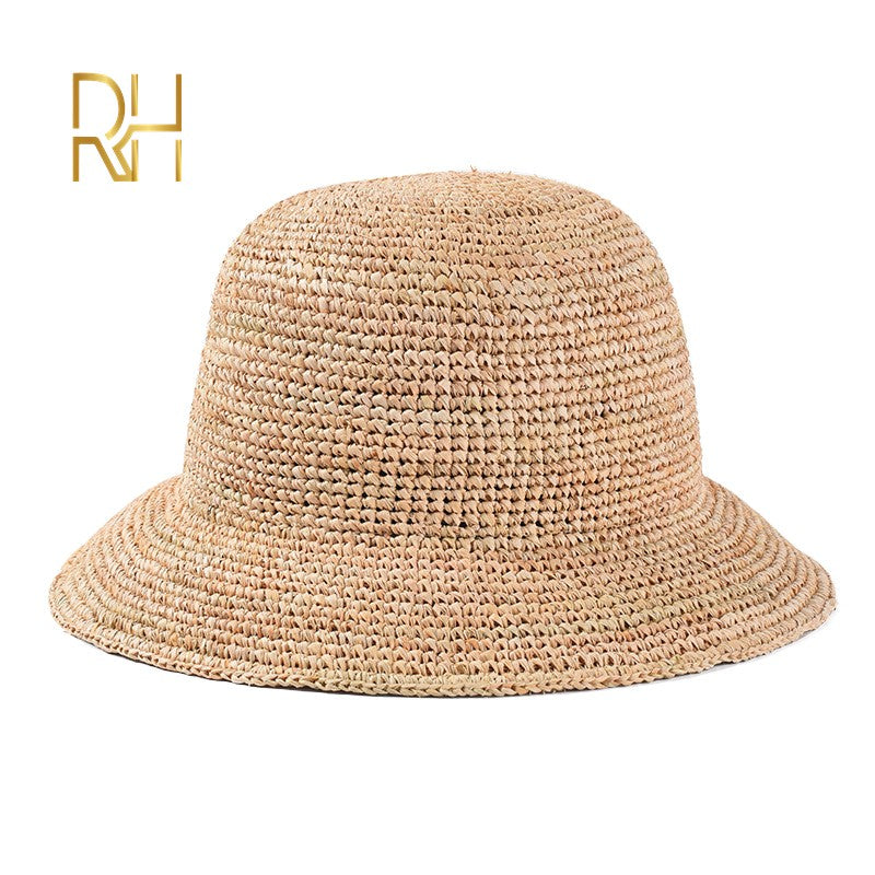 Chapéu de Balde de Crochê Feminino Feito à Mão de Palha de Ráfia Natural para Primavera Verão Praia Aba Larga Pescador