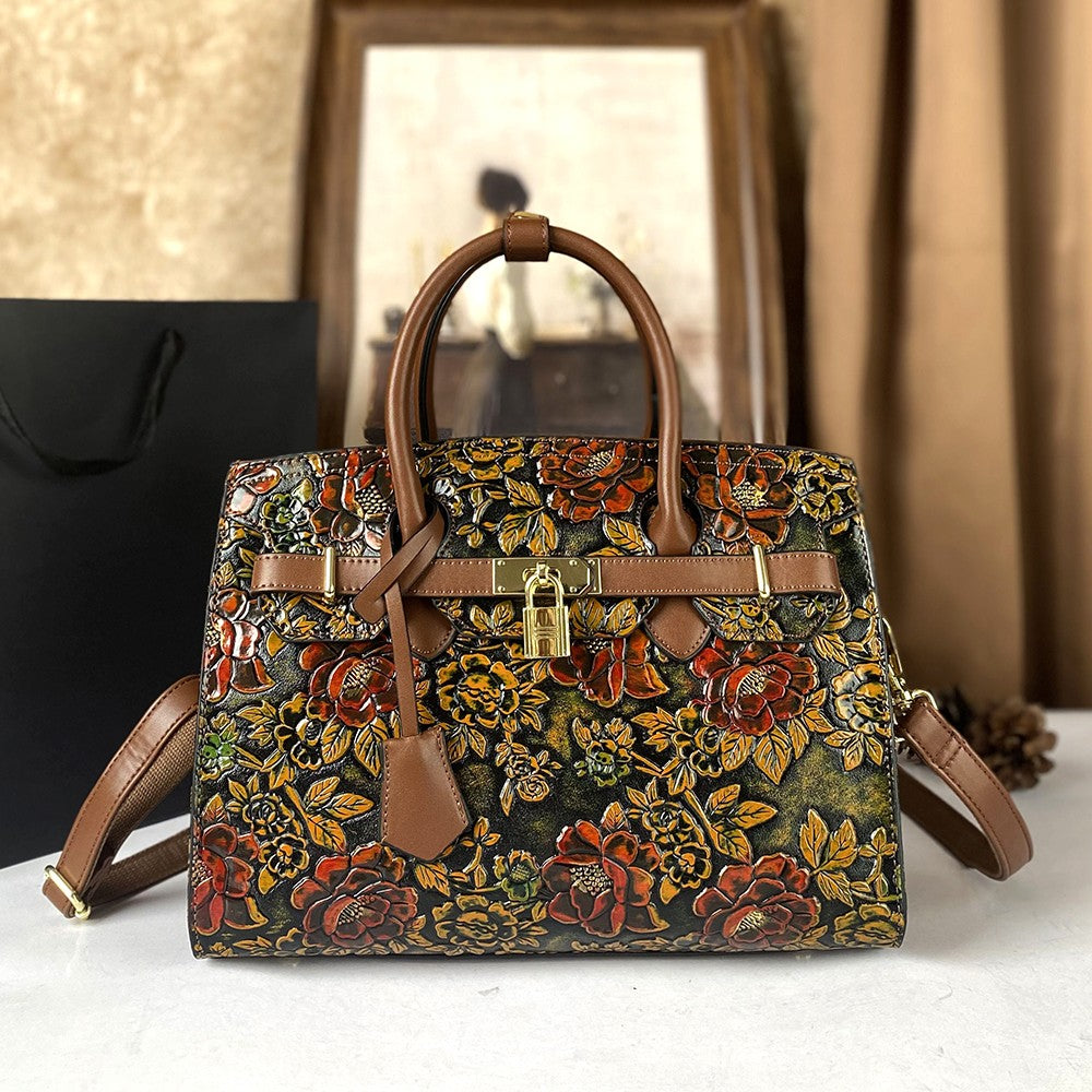 High-End Women's Large Capacity Crossbody Bag Light Luxury Camellia Relief Design Handbag for Stylish Storage