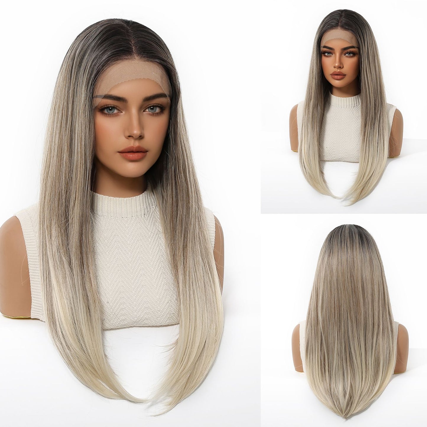HENRY MARGU Perucas Sintéticas Front Lace 13x4 Cabelo Liso Sedoso Longo Peruca Marrom Escuro para Mulheres 55 cm Resistente ao Calor Uso Diário