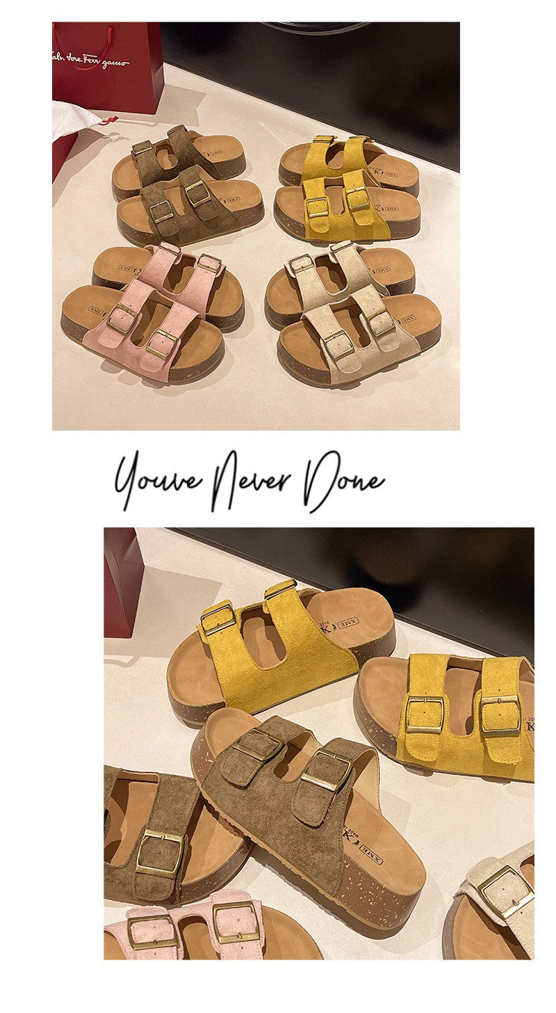 Bebealy Women's Sandals Soft-soled Platform Sandals Double Buckle Roman-style Belt-buckle Slippers Popular Slip-on Flat Slippers