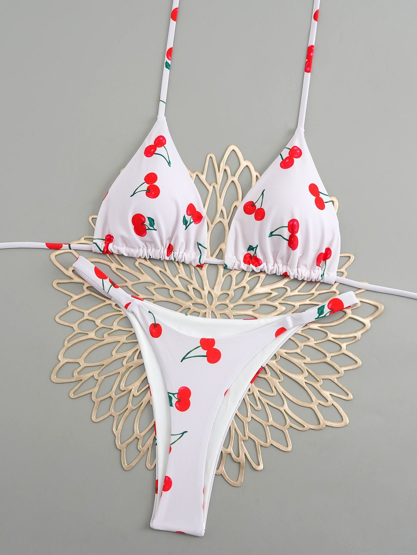 Sexy Cherry Print Triangle Brazilian Bikini Push Up Swimsuit 2 Piece String Bandage Bikinis Swimwear Women Thong Bathing Suit