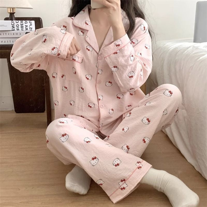 Casual Comfortable Pajama Set Autumn Winter Ins Style Kawaii Pajama Cute Girl Hello Kitty Long Sleeve Top and Pant Home Clothing