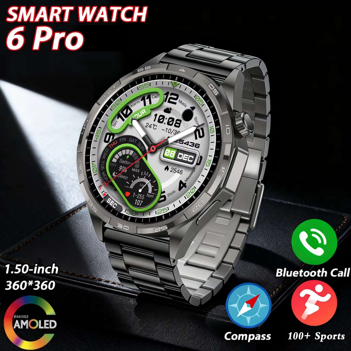 2026 Novo Relógio Fitness Original G T6 Pro Smartwatch Tela AMOLED HD de 1.50" com GPS, Monitor de Batimentos Cardíacos e Chamadas Bluetooth para Homens
