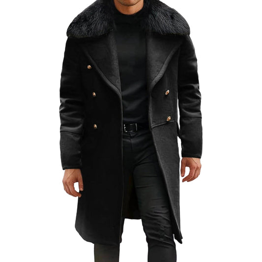 Men s Classic Double Breasted Trench Coat with Removable Fur Collar Mid-Length Wool Blend Overcoat for Winter Warmth