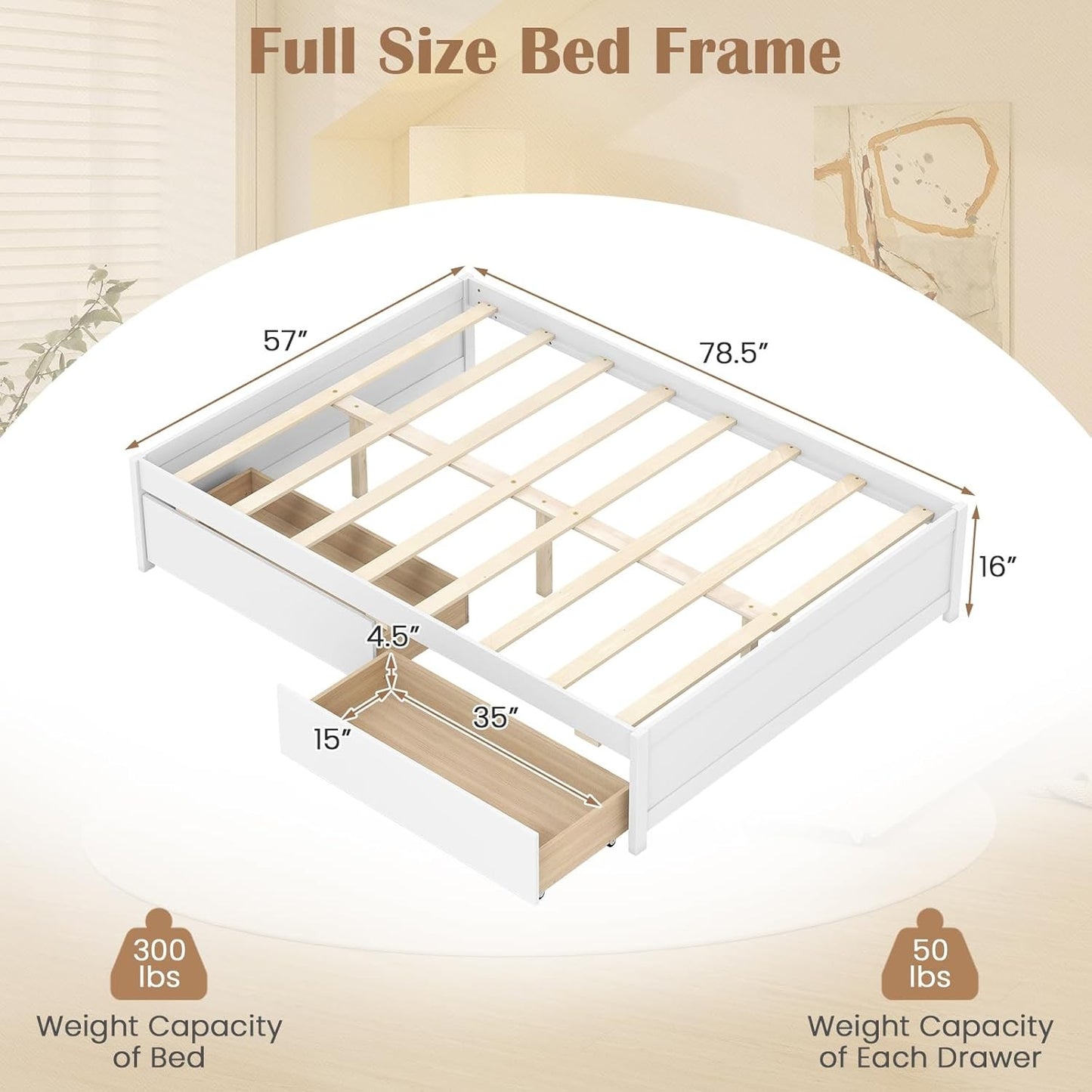 Cama de Madeira Casal com 2 Gavetas de Armazenamento com Rodas, Estrutura de Cama Plataforma de Madeira, Base para Colchão com Estrado de Madeira