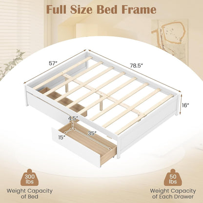 Cama de Madeira Casal com 2 Gavetas de Armazenamento com Rodas, Estrutura de Cama Plataforma de Madeira, Base para Colchão com Estrado de Madeira