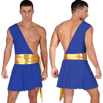 Mens Ancient Greek God Toga Gladiator Costume Roman Emperor One Shoulder Sleeveless Robe Halloween Medieval Warrior Dress Up