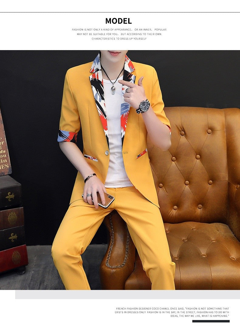 Summer 2025 Korean Slim Fit Short Sleeve Suit Casual Thin British Style Seven-Point Mid-Sleeve Suit for Men