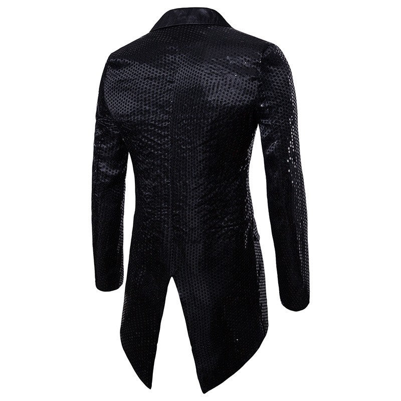 Gold Men's V-Neck Long Sleeve Tuxedo, TV Performance Magic Long Jacket Shiny Sequin Decoration Red Blue Black Blazer S-XXL