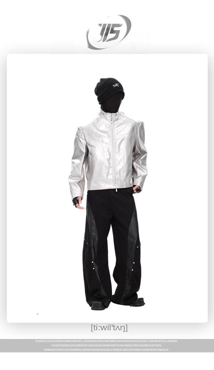 FEWQ Niche Design Men's PU Leather Coats Stand Collar Solid Color Zipper Metal Design Shoulder Pads Male Short Jacket 24K5931