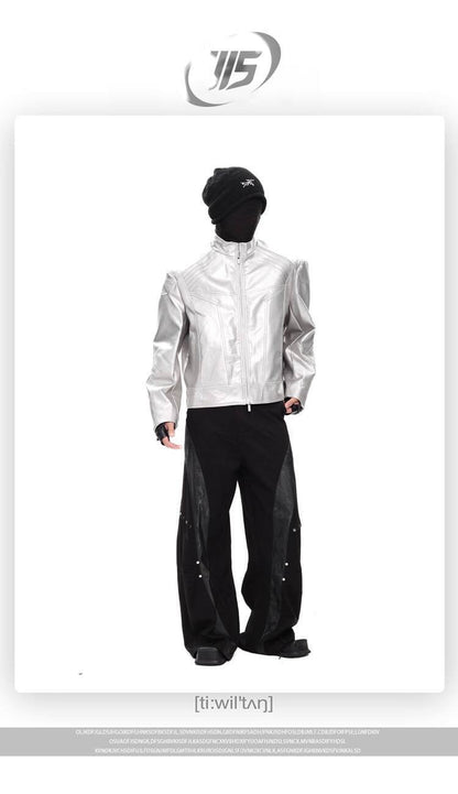 FEWQ Niche Design Men's PU Leather Coats Stand Collar Solid Color Zipper Metal Design Shoulder Pads Male Short Jacket 24K5931