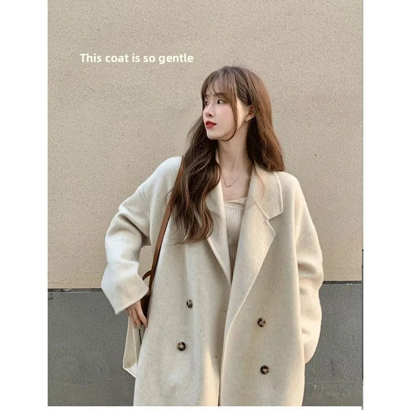Winter Long Pink Woolen Coat French Hepburn Style Loose Casual Slimming Knee-Length Tweed Outerwear Women's Fashion